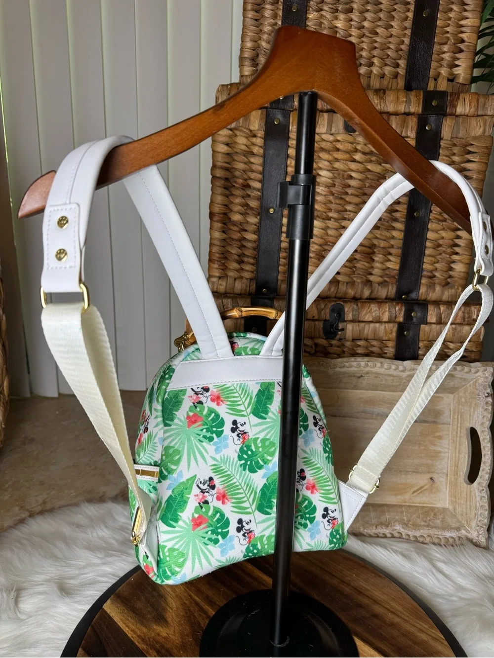 Disney White & Green Tropical Mickey Mini Backpack with Bamboo Handle